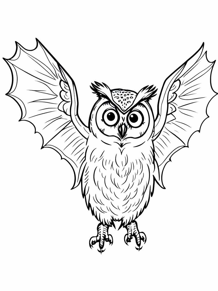 Owl Coloring Page Standing with Open Wings