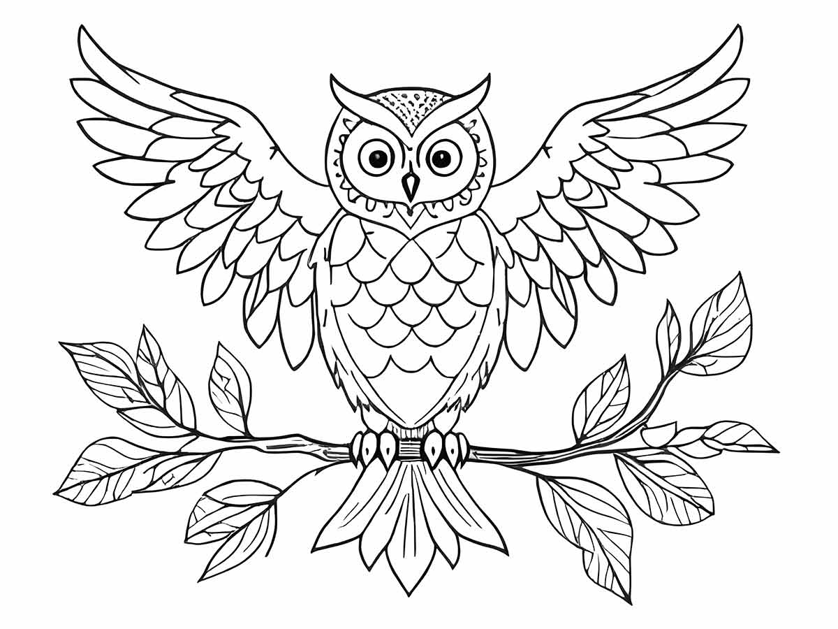 Owl Coloring Page with Open Wings on Branch