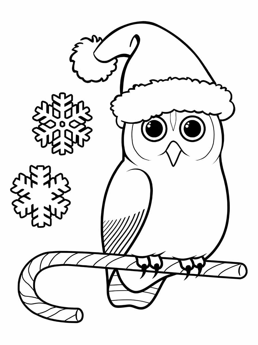 Owl Coloring Page for Kids with Santa Hat