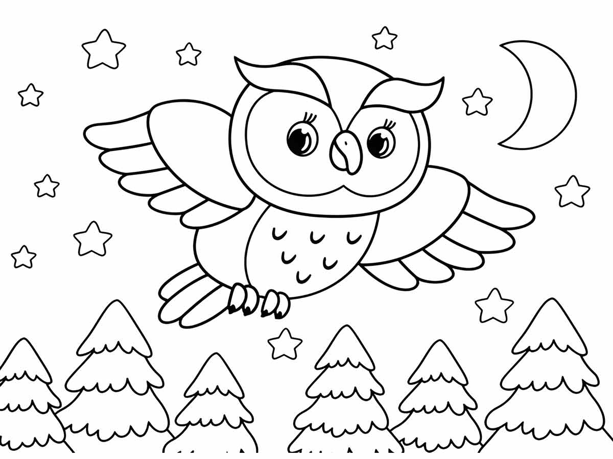 Owl Flying over Forest Coloring Page