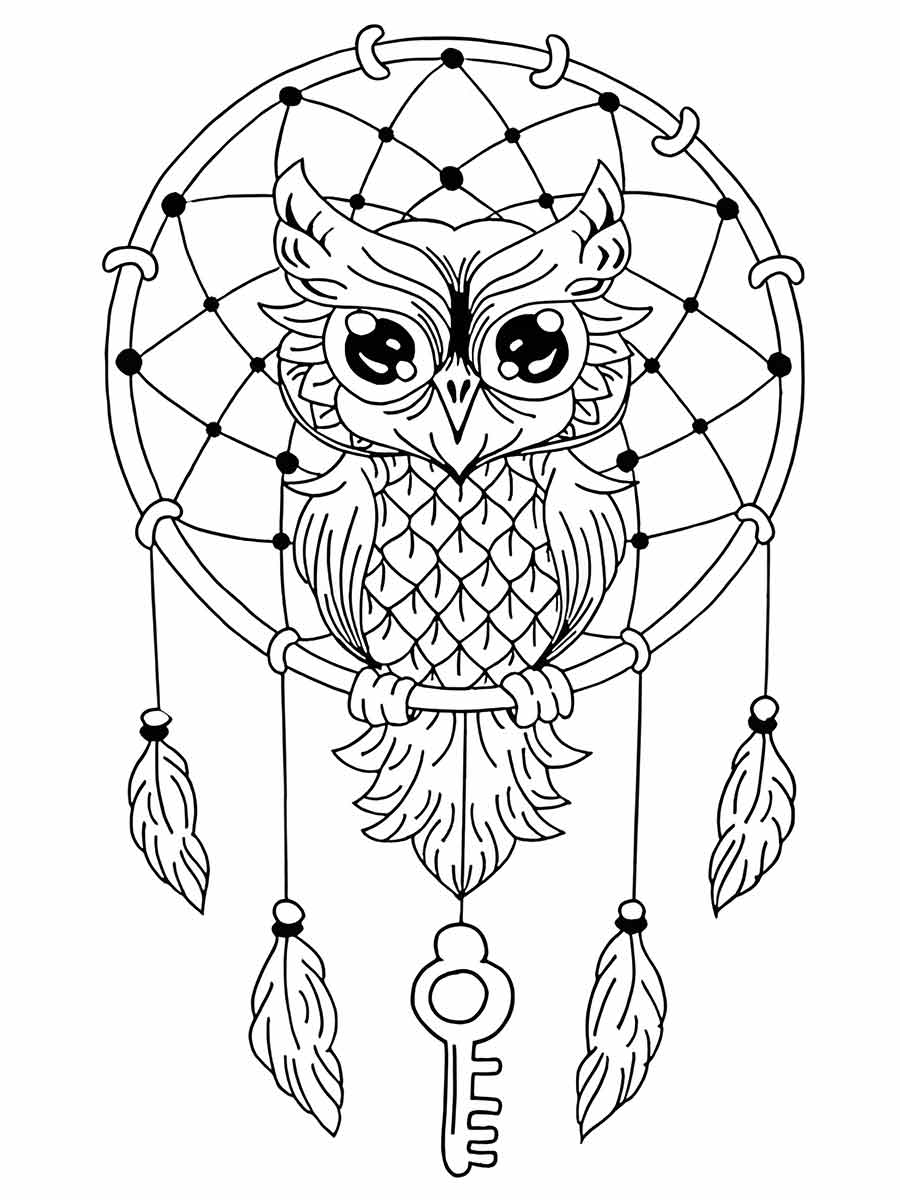 Owl on Key in Dreamcatcher Coloring Page