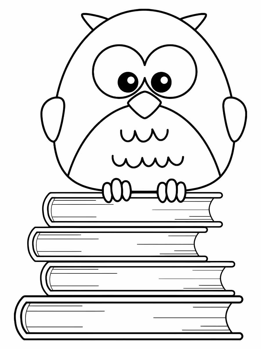 Owl on Stack of Books Coloring Page