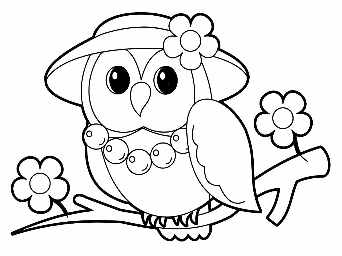 Owl with Hat and Necklace on Branch Coloring Page