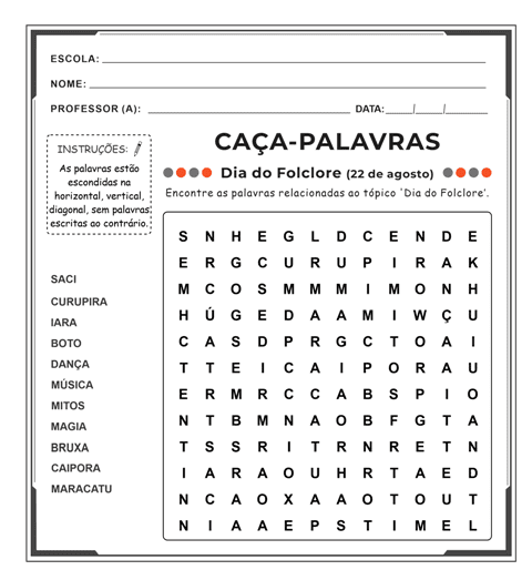 Caça-palavras folclore interactive worksheet