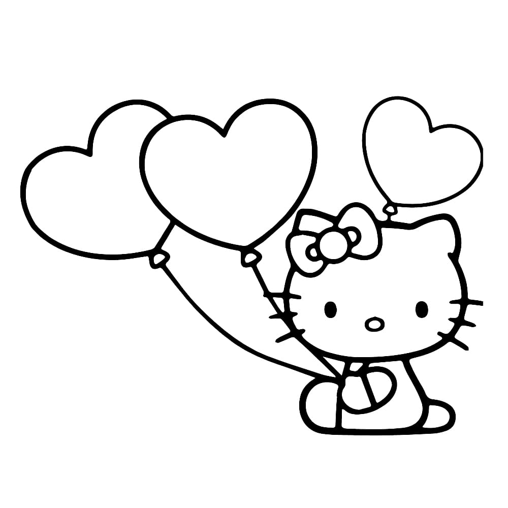 hello kitty holding heart balloons coloring pages