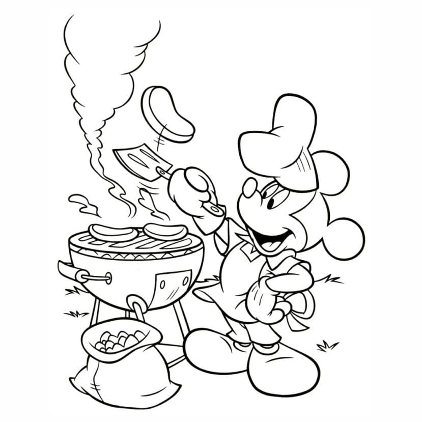 Desenho para colorir de mickey fazendo churrasco