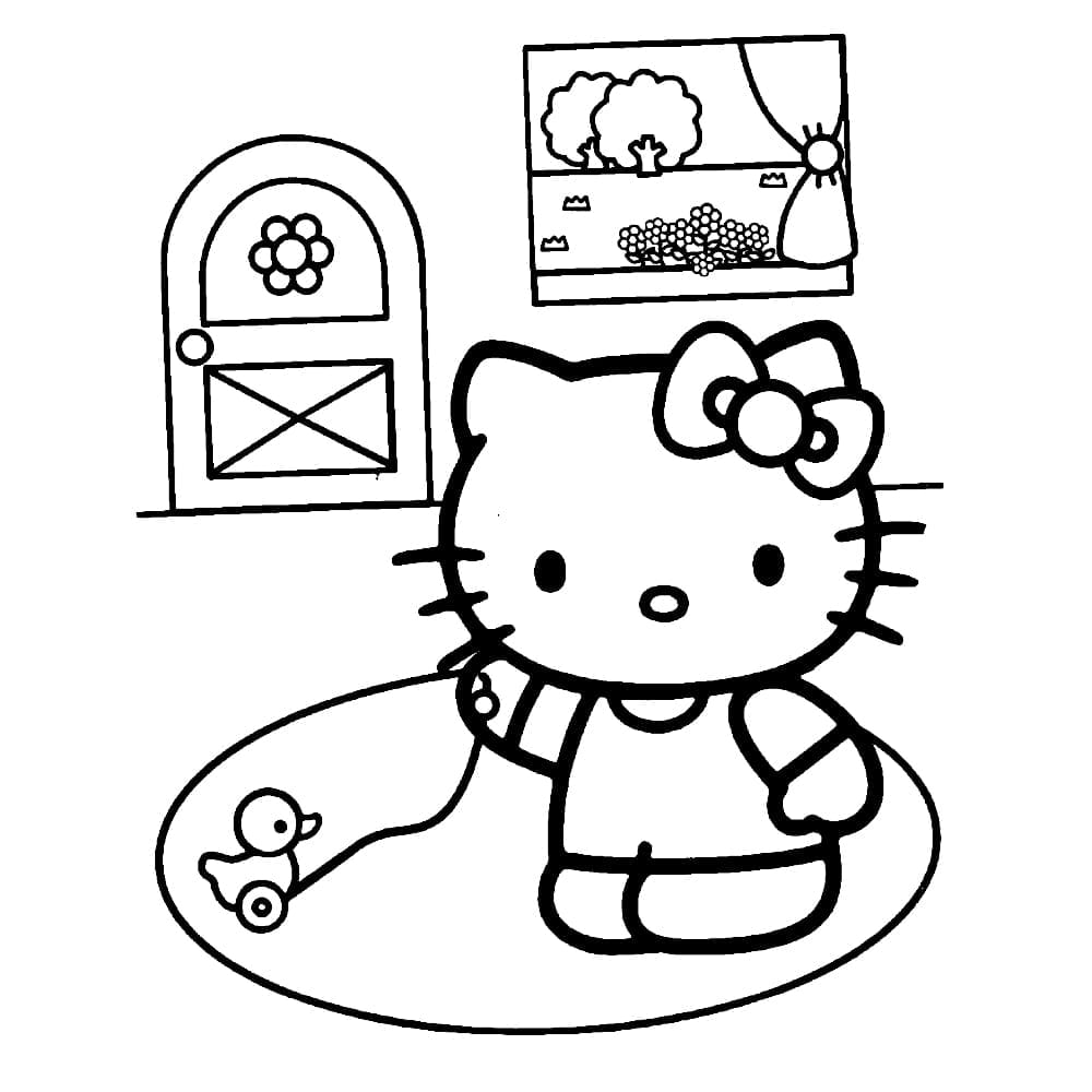 hello kitty playing with duckling coloring pages