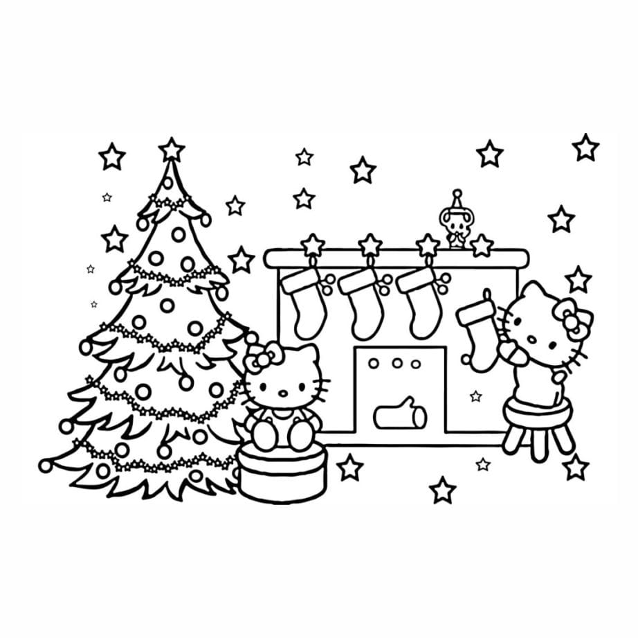 hello kitty and christmas tree coloring pages