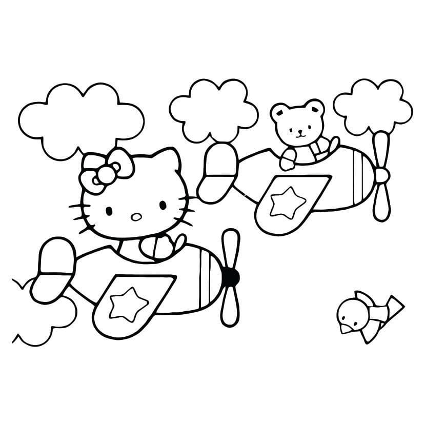 hello kitty flying airplane in clouds coloring pages