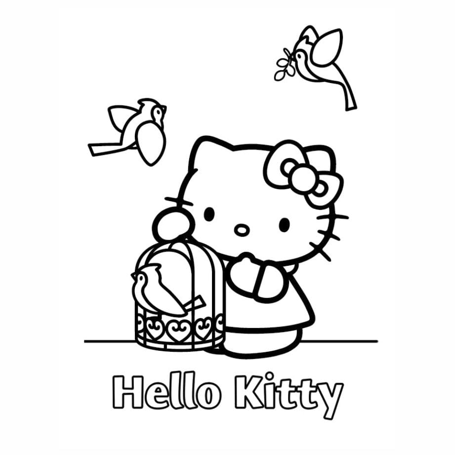 hello kitty with many birds coloring pages