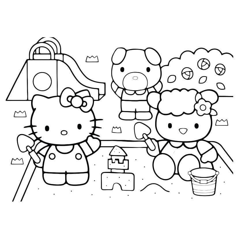 hello kitty playing in sand coloring pages