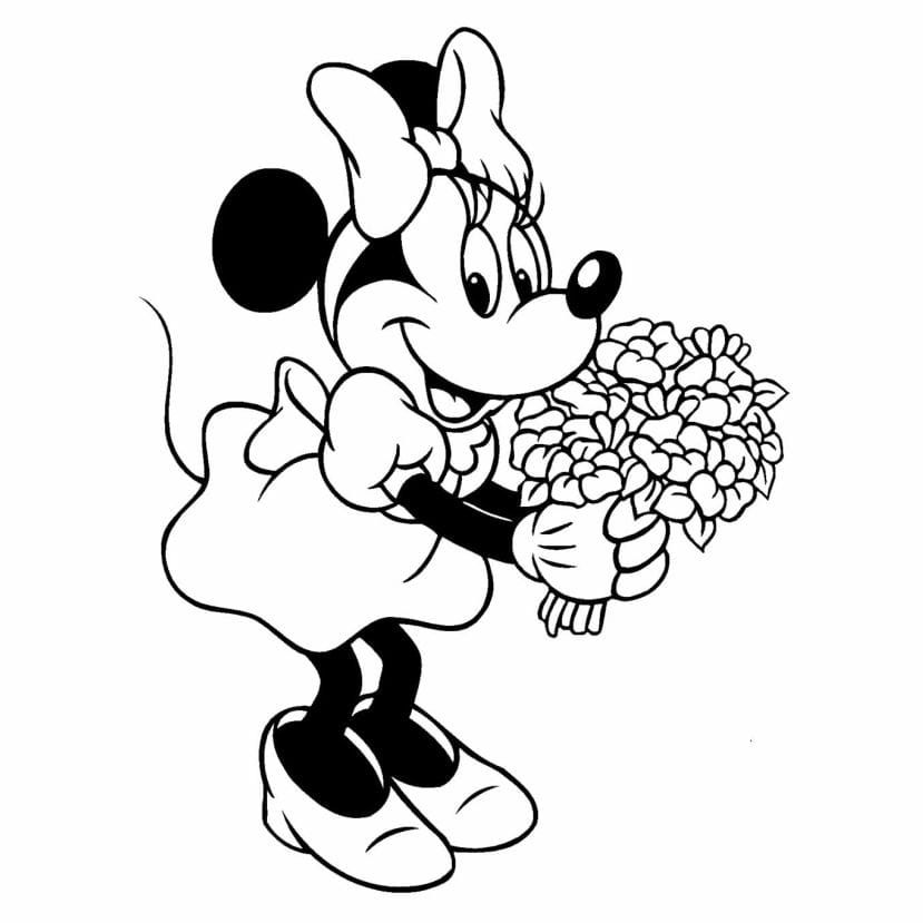 minnie para colorir com buquê de flores