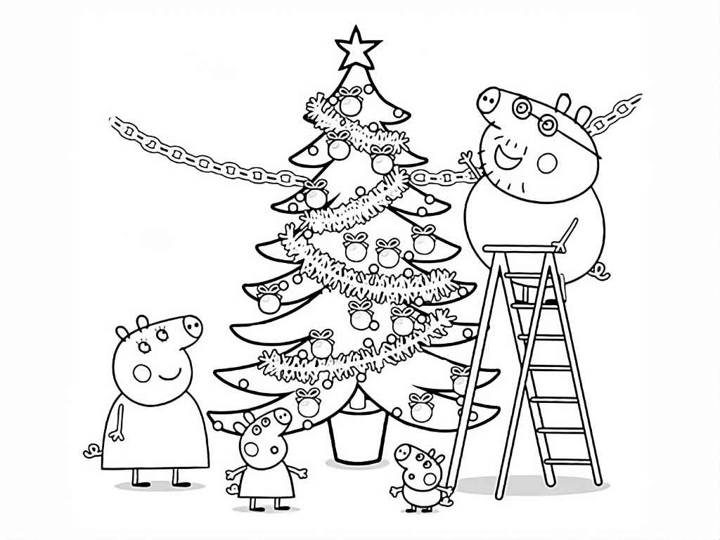 Peppa Pig family coloring pages decorating a Christmas tree.