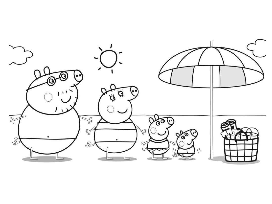 Peppa Pig family coloring pages enjoying the beach.