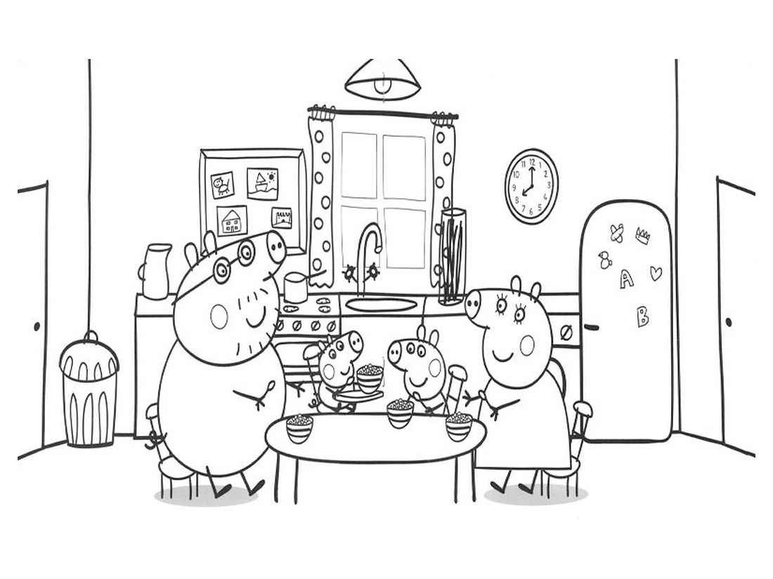 Peppa Pig family coloring pages eating at the kitchen table.