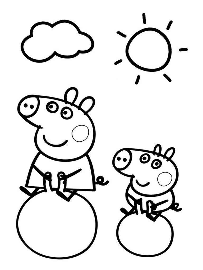 Peppa Pig and George coloring pages playing on top of balls.