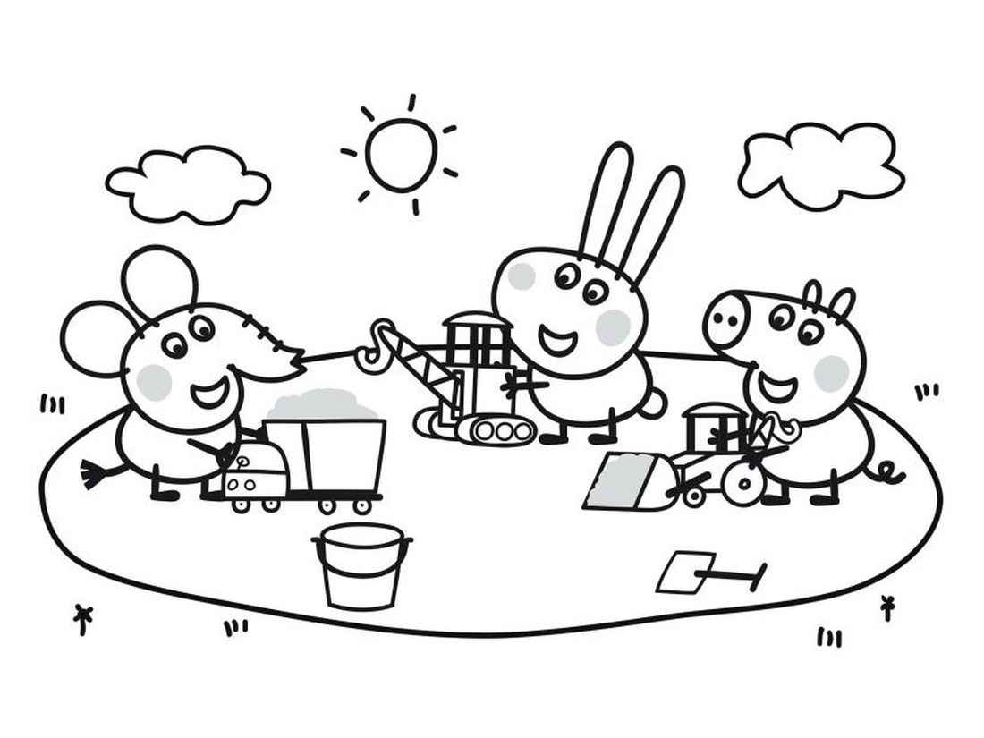 Peppa Pig and her friends coloring pages playing construction outdoors.