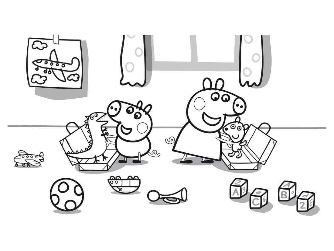 Peppa Pig and George coloring pages playing with their toys in the living room.