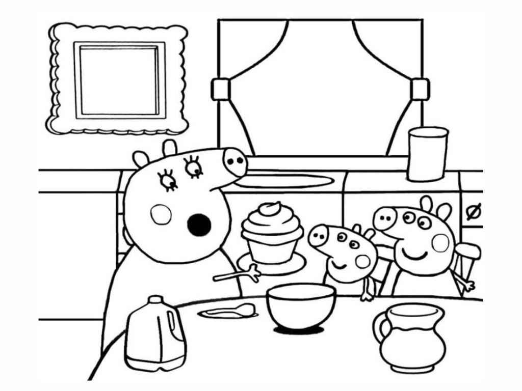 Peppa Pig and George coloring pages with Mommy Pig serving breakfast.