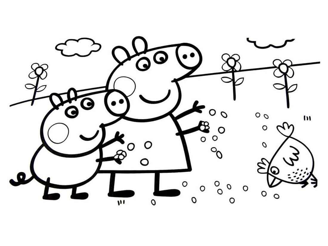 Peppa Pig and George coloring pages in the green field.