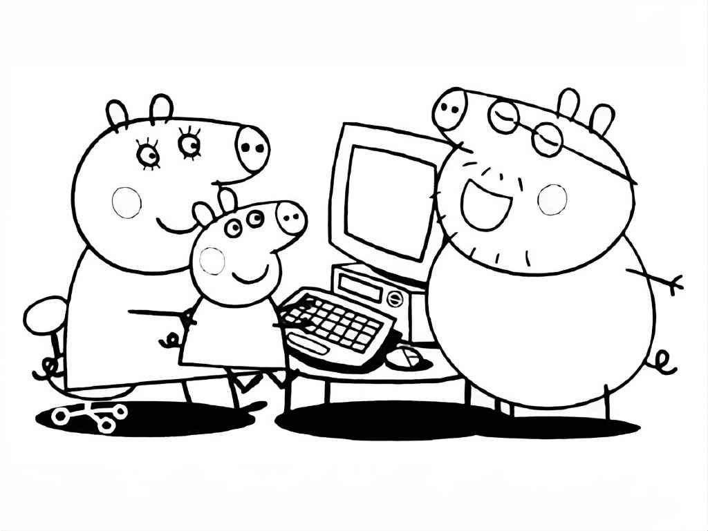 Peppa Pig and family coloring pages watching TV.