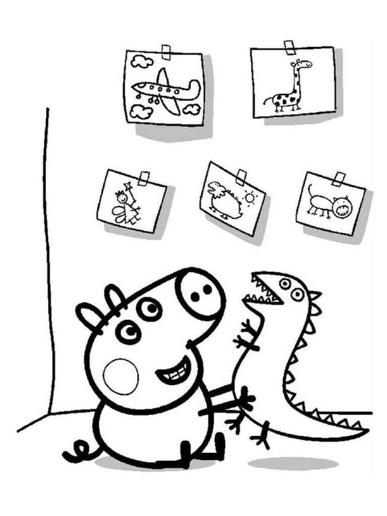 George coloring pages playing with his dinosaur in the room.