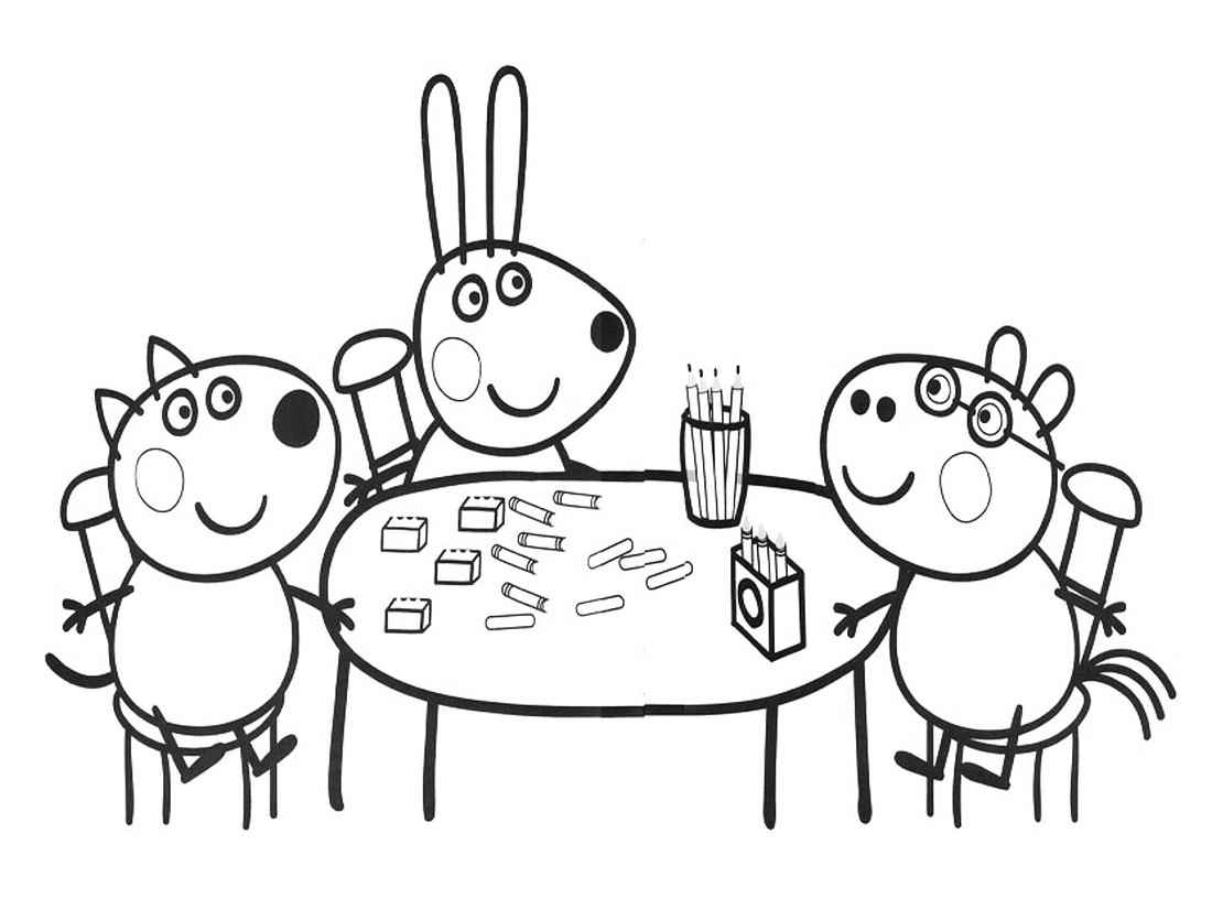 Peppa Pig and friends coloring pages playing at the table.