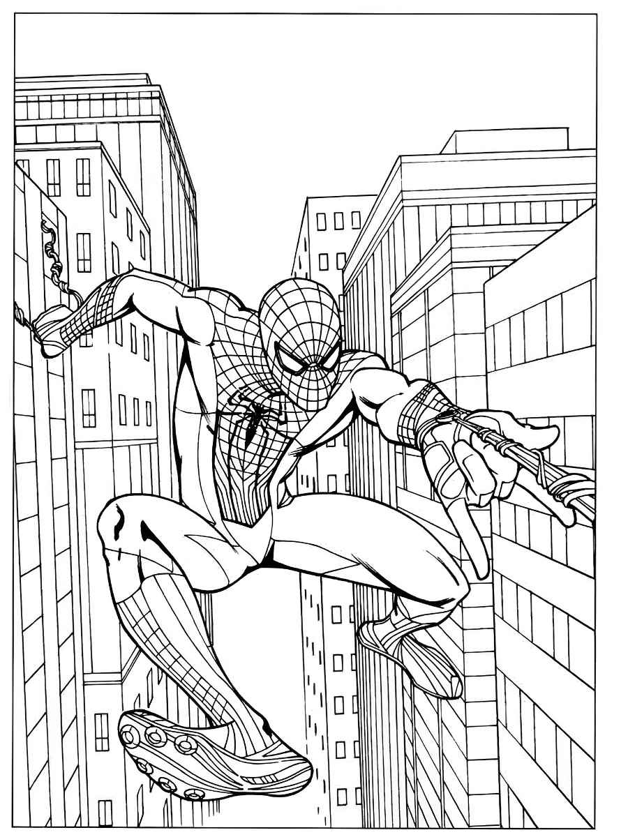 desenho para colorir homem aranha entre os edifícios