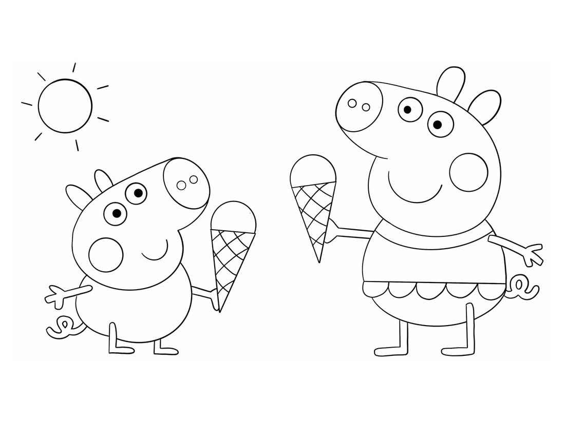 Peppa Pig and George coloring pages eating ice cream.