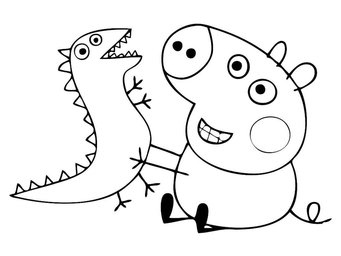 Peppa Pig coloring pages playing with the dinosaur.