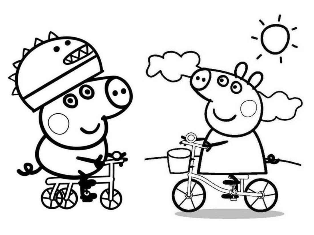 Peppa Pig and George riding their bicycles.