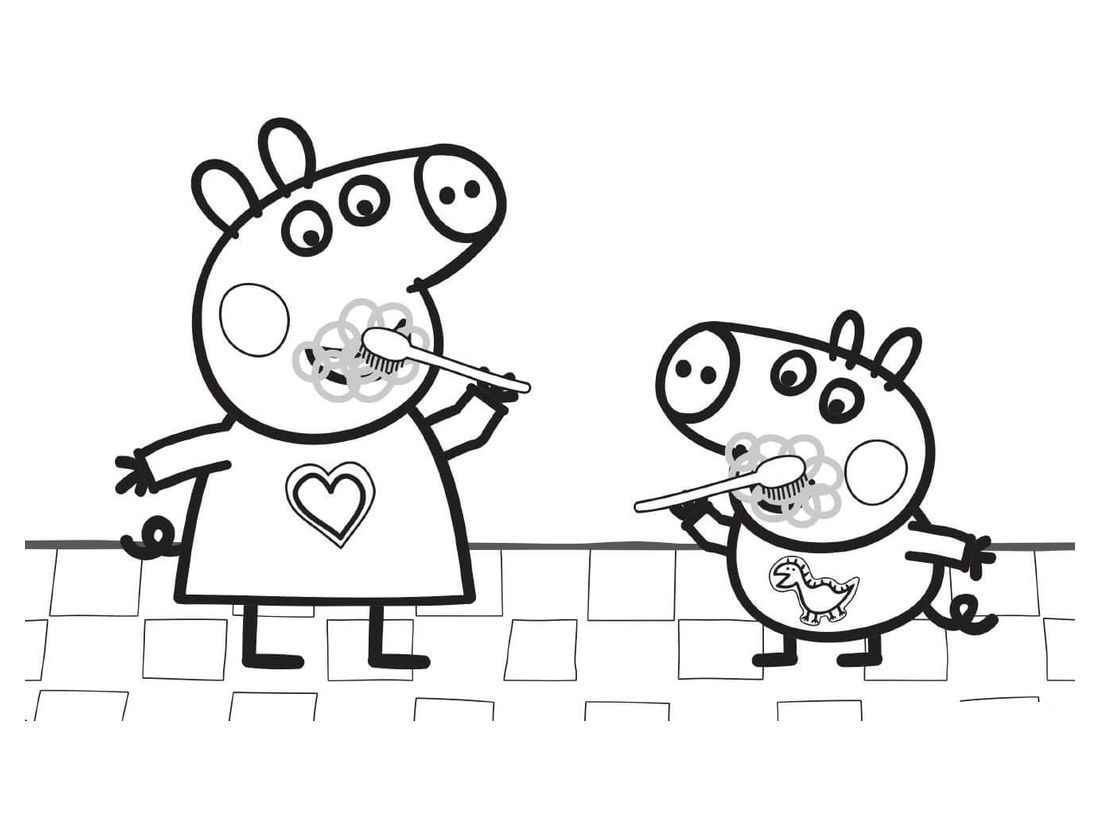 Peppa Pig and George coloring pages brushing their teeth.