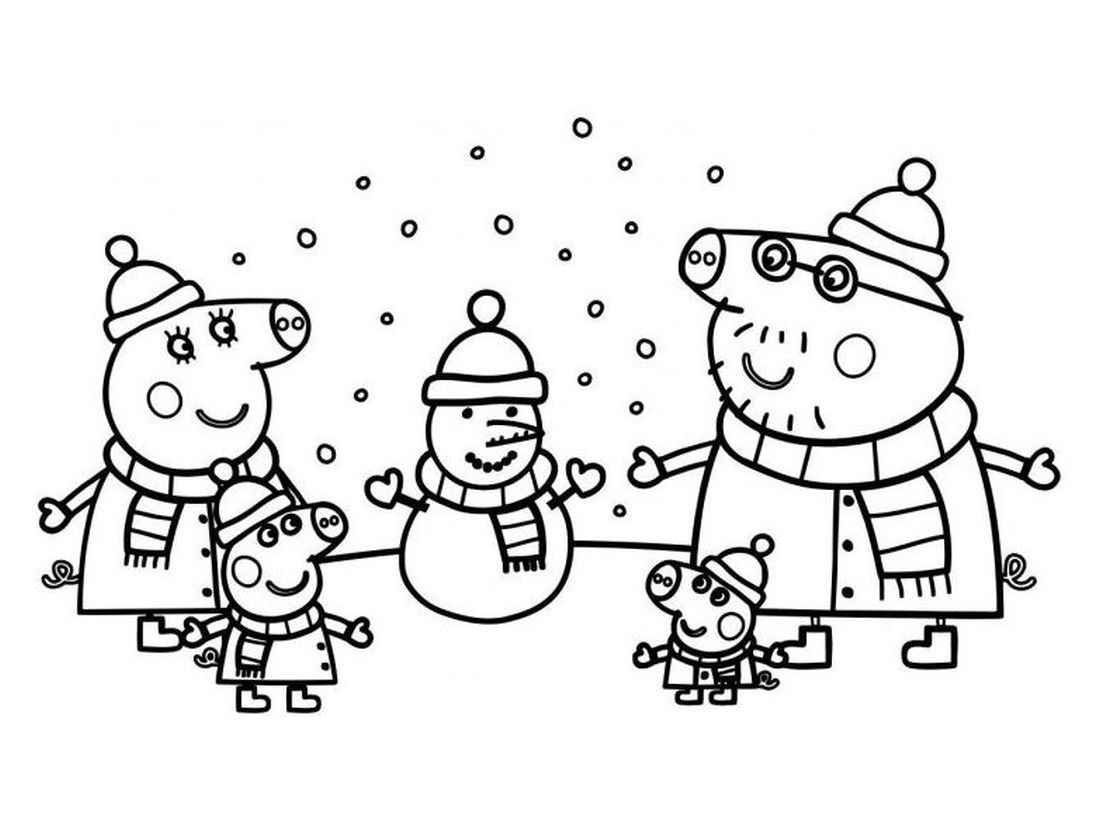 Peppa Pig coloring pages with her family building a snowman.