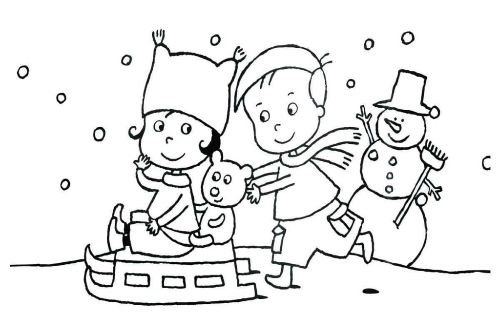 desenho de crianças e boneco da neve para colorir