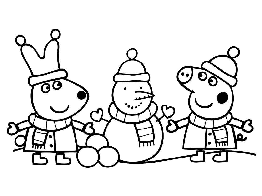 Peppa Pig and George building a snowman.