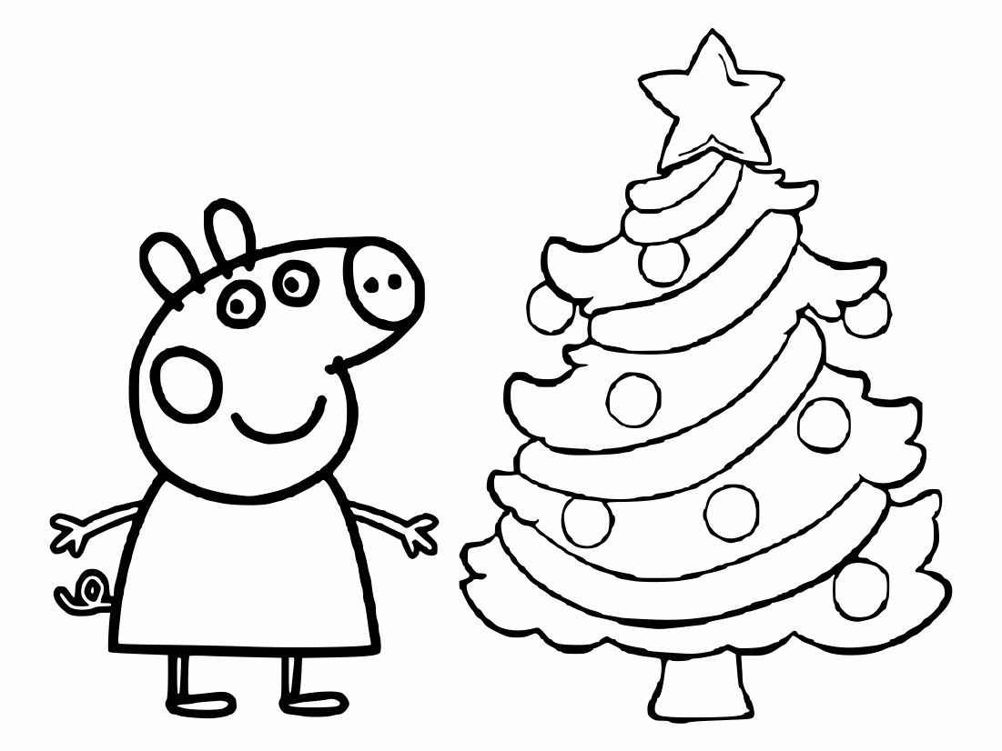 Peppa Pig decorating a Christmas tree.