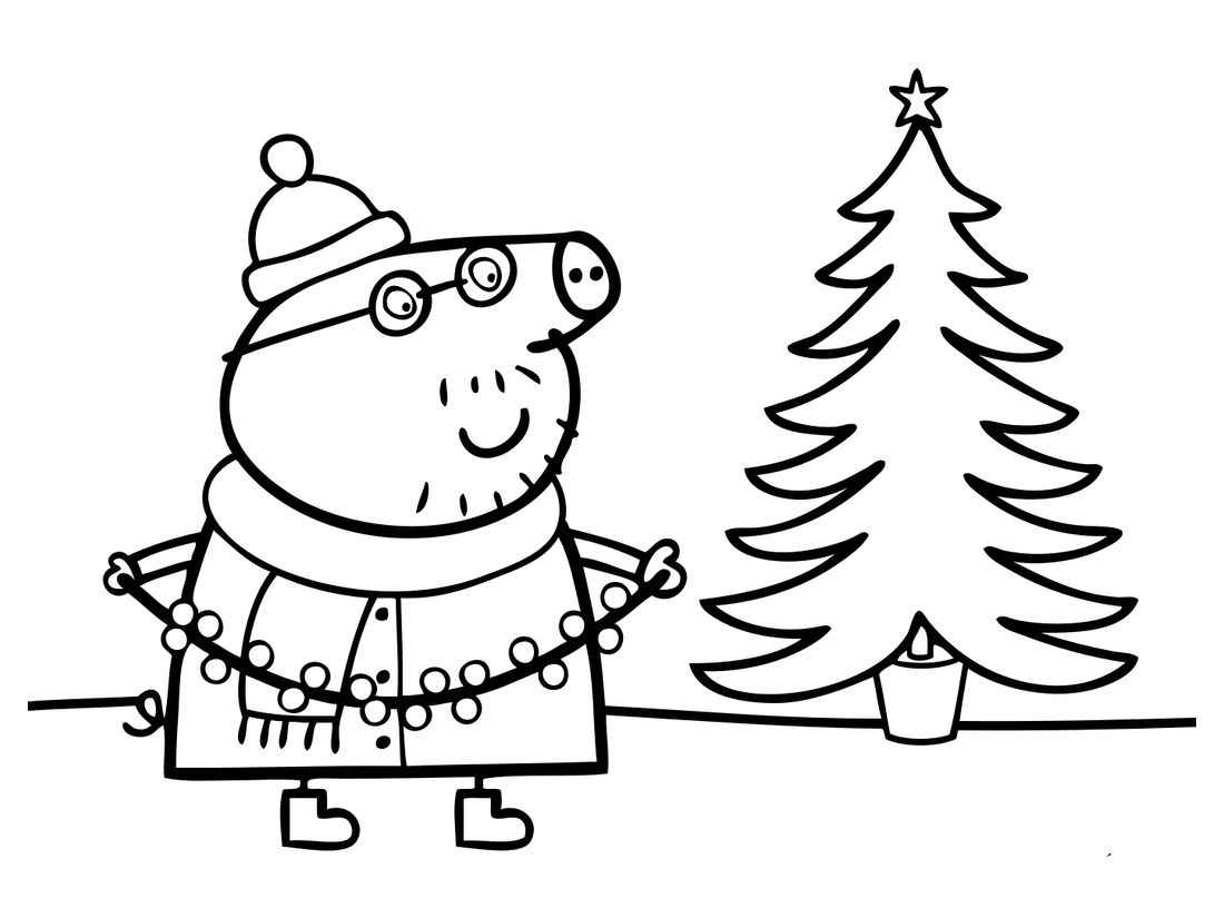 Peppa Pig decorating a Christmas tree.