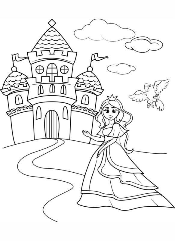 Coloring page of a princess in a castle, available to print.