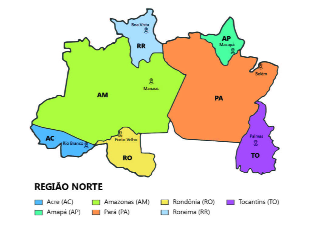 Mapa do Brasil colorido - Região Norte