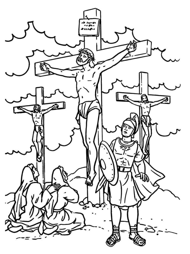 Crucificação de Jesus ao Lado de Ladrões para Colorir