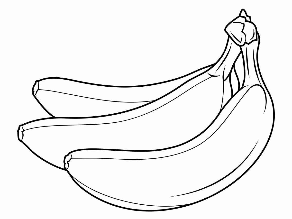 Desenhos de Bananas para colorir. Frutas tropicais amarelas que crescem em cachos. São doces e macias por dentro e têm uma casca que pode ser removida facilmente. São ricas em potássio, fibras e vitamina C. Podem ser consumidas cruas ou usadas para fazer bolos, tortas, sorvetes e outras sobremesas.