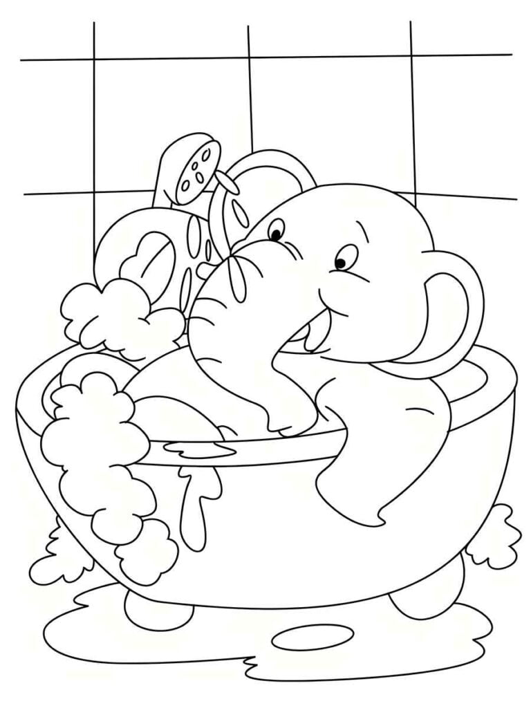 elefante tomando banho para colorir e pintar