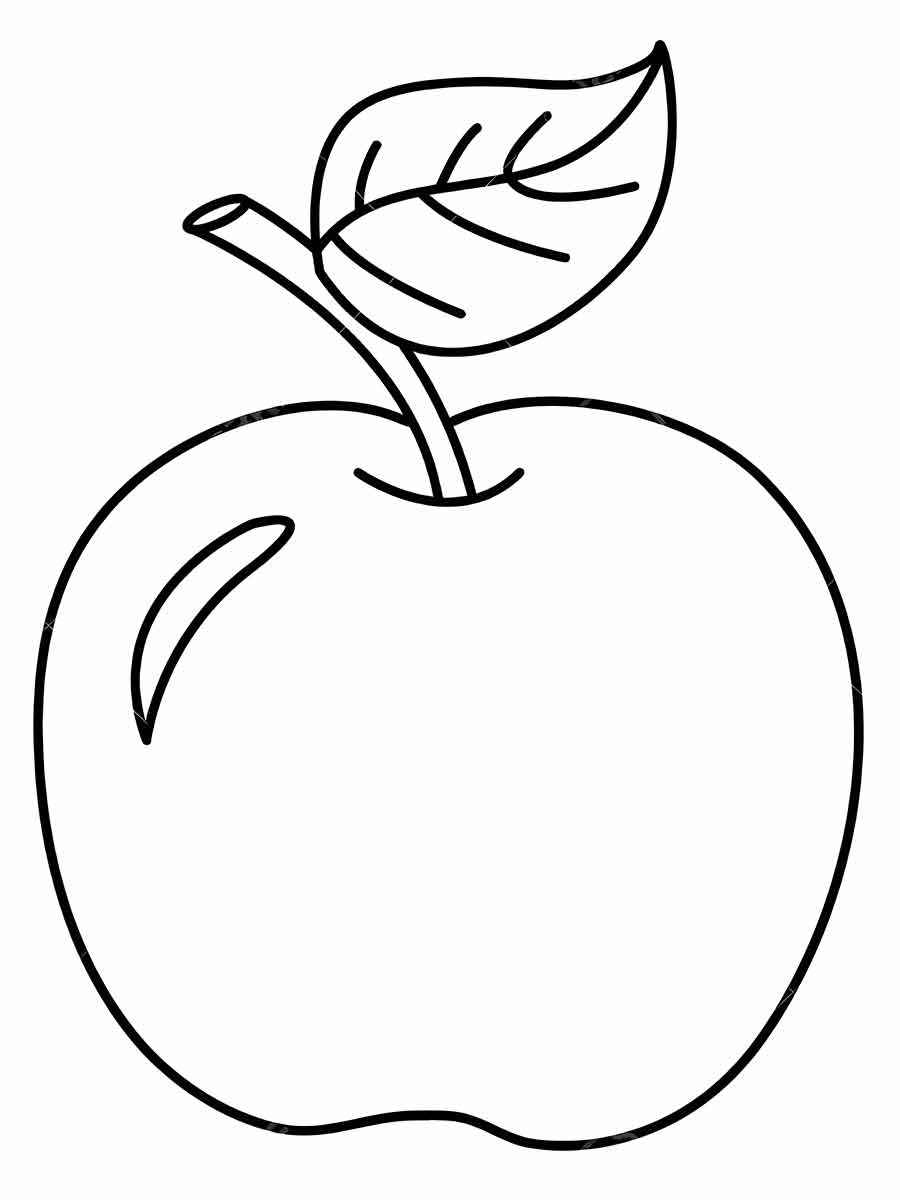 Desenho para colorir de uma maçã vermelha. A maçã é uma fruta que tem muitas vitaminas e fibras. Ela pode ser verde, amarela ou vermelha, dependendo da variedade. A maçã vermelha é doce e suculenta, e pode ser usada para fazer sucos, tortas, geleias e outras receitas. 