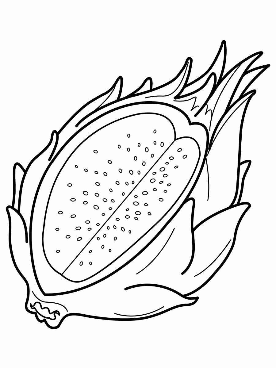 Desenho de pitaya para colorir, uma fruta exótica e saborosa, com casca rosa e verde, e polpa branca com sementes pretas. É uma fruta tropical com formato oval e espinhos na casca.