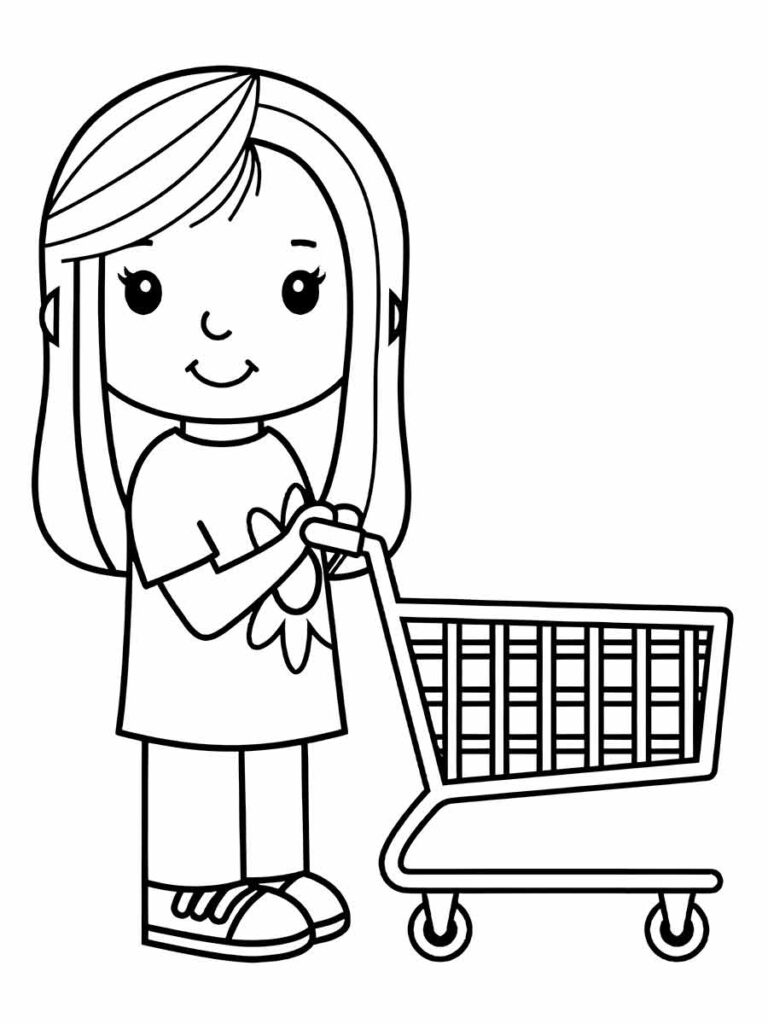 Desenho de uma menina com carrinho de compras para colorir