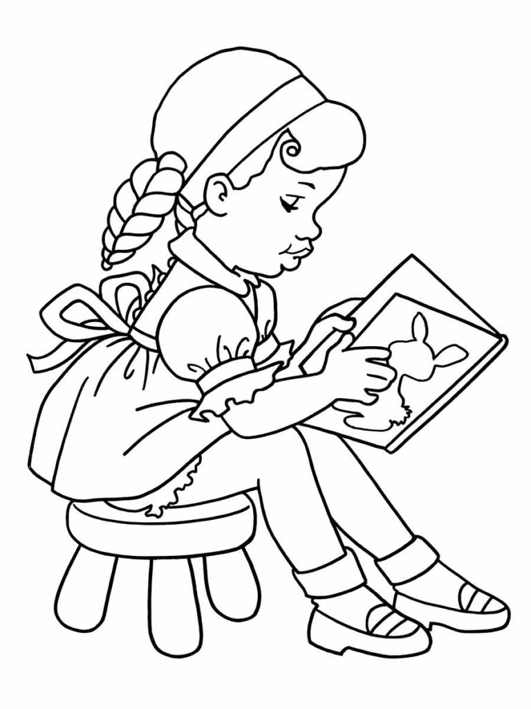 Desenho de uma menina sentada lendo um livro para colorir