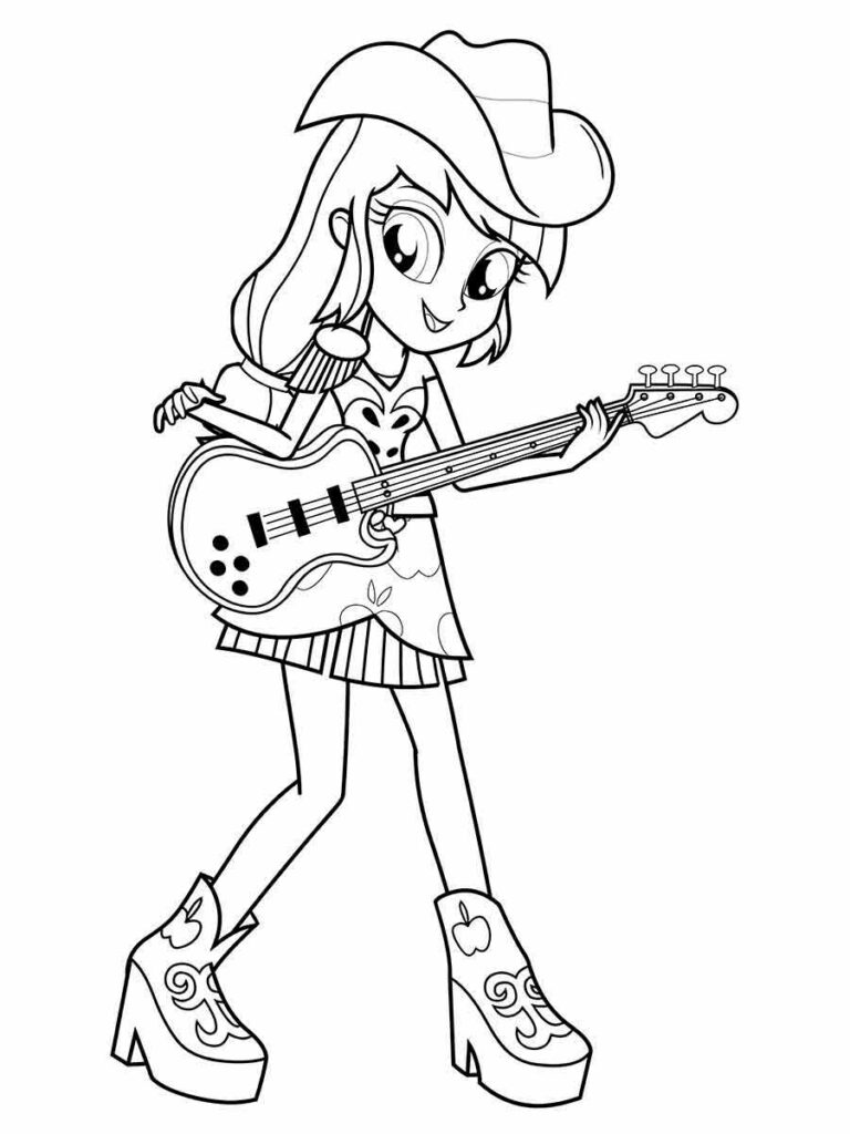 Desenho de uma menina tocando violão para colorir