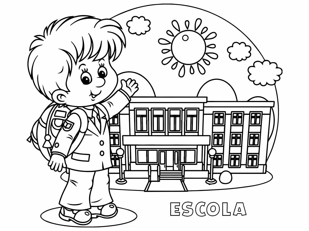 Desenho de Menino de Frente à Escola para Colorir