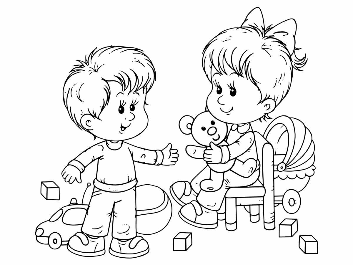 Desenho de Meninos com Brinquedos para Colorir