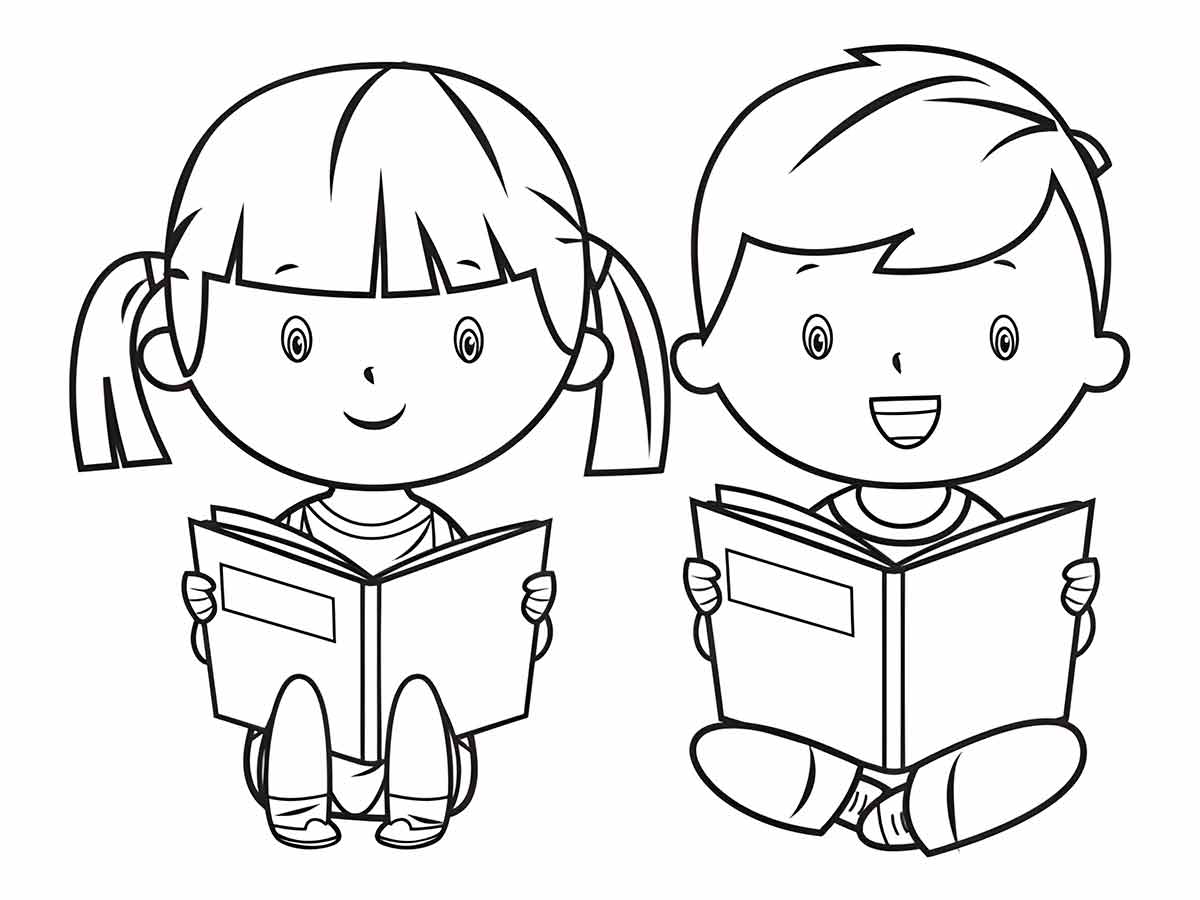 Desenho de Meninos Lendo Livros para Colorir